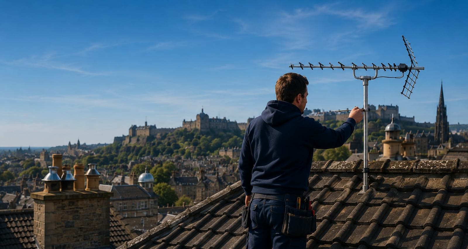 Engineer aligning a TV aerial on an Edinburgh rooftop with the castle behind